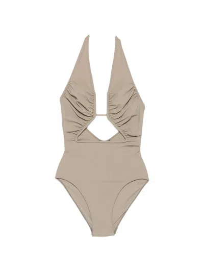 Rick Owens Front Cutout Mini Dress With Tail Detail In Beige