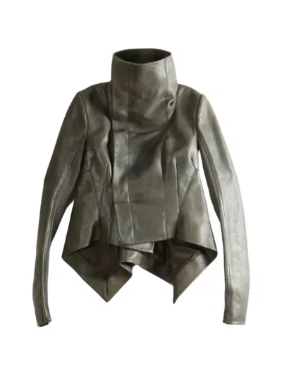 Rick Owens Funnel-neck Asymmetric Leather Jacket In Gray