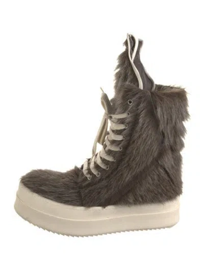 Pre-owned Rick Owens Fur Leather Trim Embellishment Combat Boots In Neutral