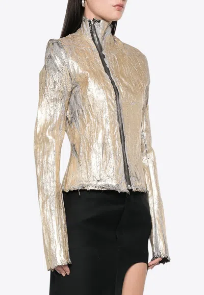 Rick Owens Gary Cracked-effect Zip-up Jacket In Gold