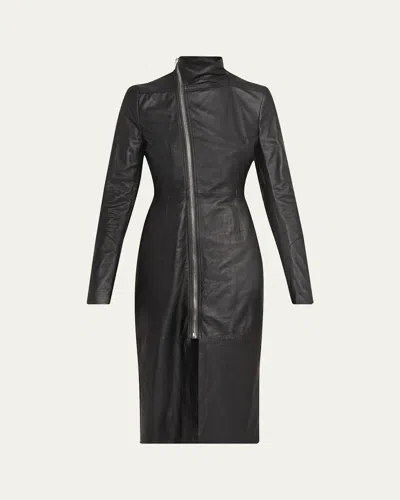 Rick Owens Gary Leather Asymmetric Zip Coat In Black