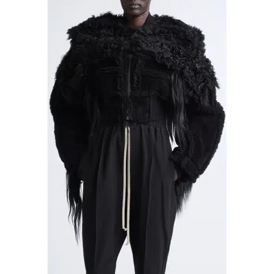 Rick Owens Genuine Shearling And Goat Hair Bomber Jacket In Black