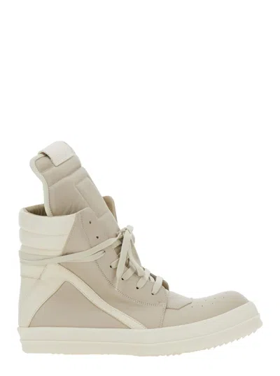 Rick Owens Geobasket Beige Sneakers With Zip And Lace-up Closure In Leather Man In Neutral