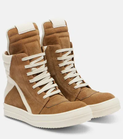 Rick Owens Extended Tongue Suede Sneakers With Geometric Panels For Women In Brown