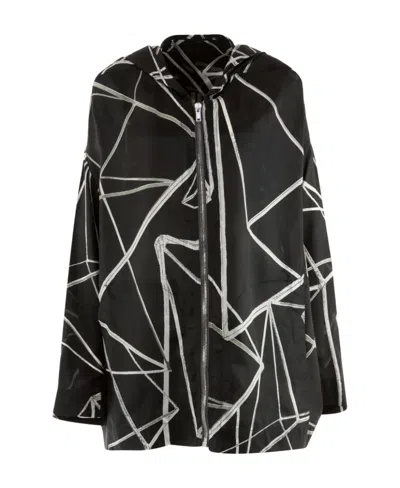 Rick Owens Geometric-print Lightweight Hooded Jacket In Black