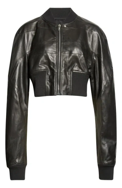 Rick Owens Girdered Leather Crop Bomber Jacket In Black