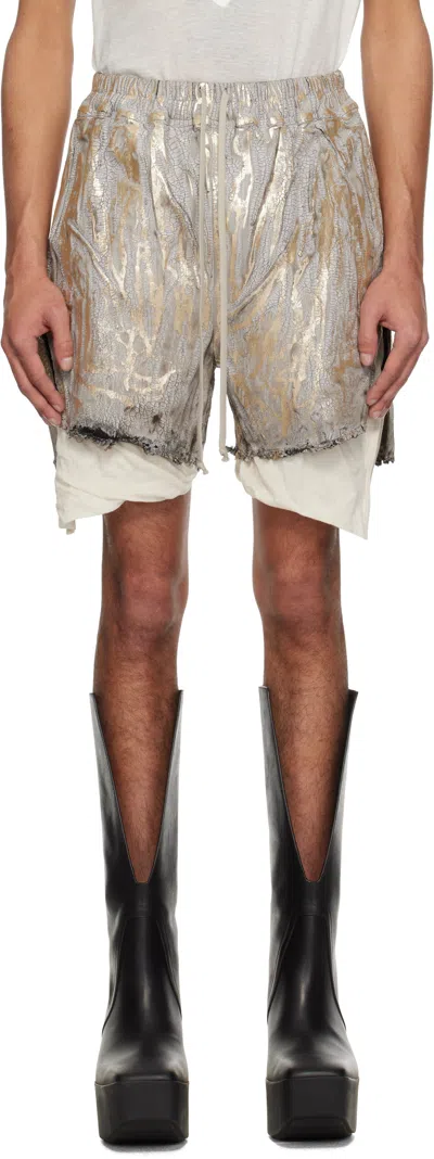 Rick Owens Blister Straight-leg Frayed Metallic Megacrust Stretch-denim Drawstring Shorts In Gold