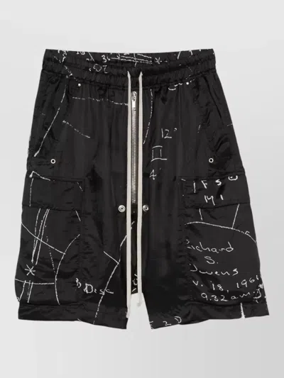 Rick Owens Graphic Cargo Knee Length Drop Crotch Shorts In Black