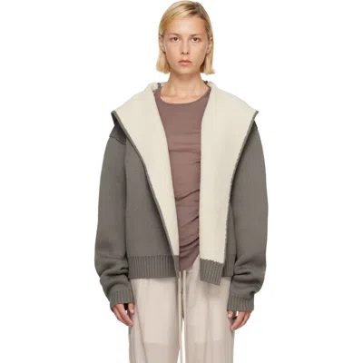 Rick Owens Gray & Off-white Tower Reversible Robe Hoodie In 3421 Dust/natural