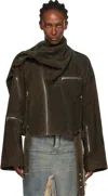 Rick Owens Gray Concordians Cropped Scarf Flight Suede Jacket In Brown