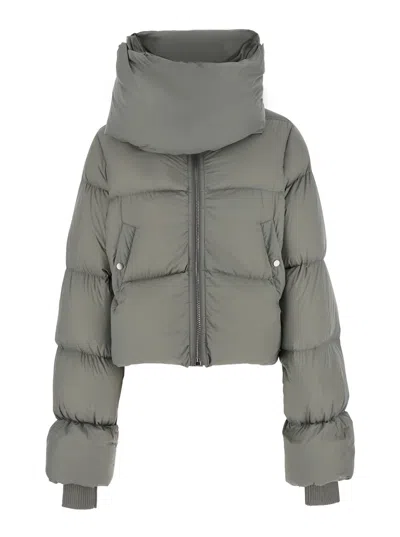 Rick Owens Gray Cropped Down Jacket With High Collar In Animal Print