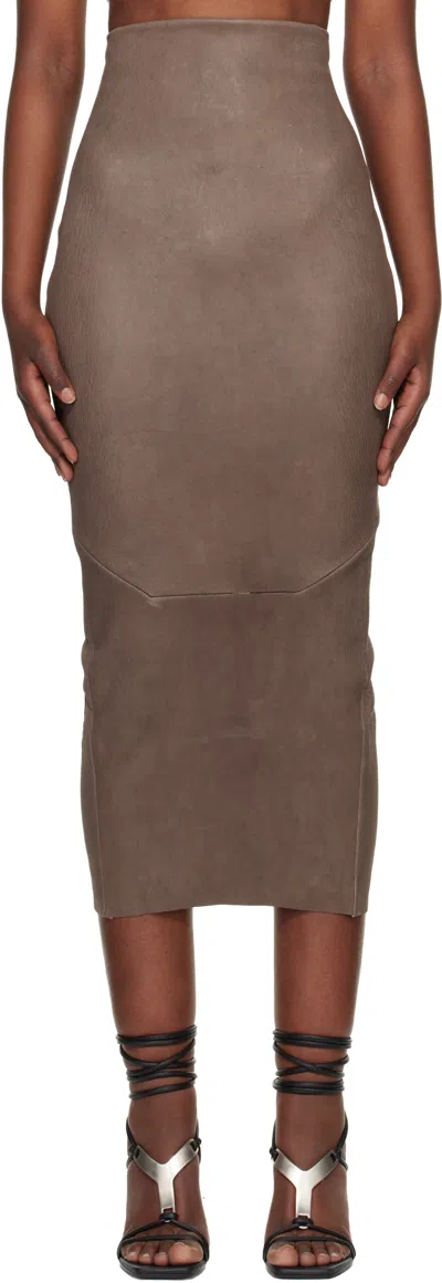 Rick Owens Gray Temple Dirt Pilla Leather Midi Skirt In Brown