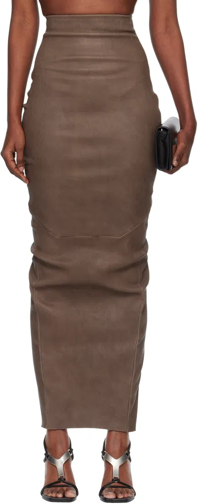 Rick Owens Gray Temple Dirt Pillar Leather Midi Skirt In Brown