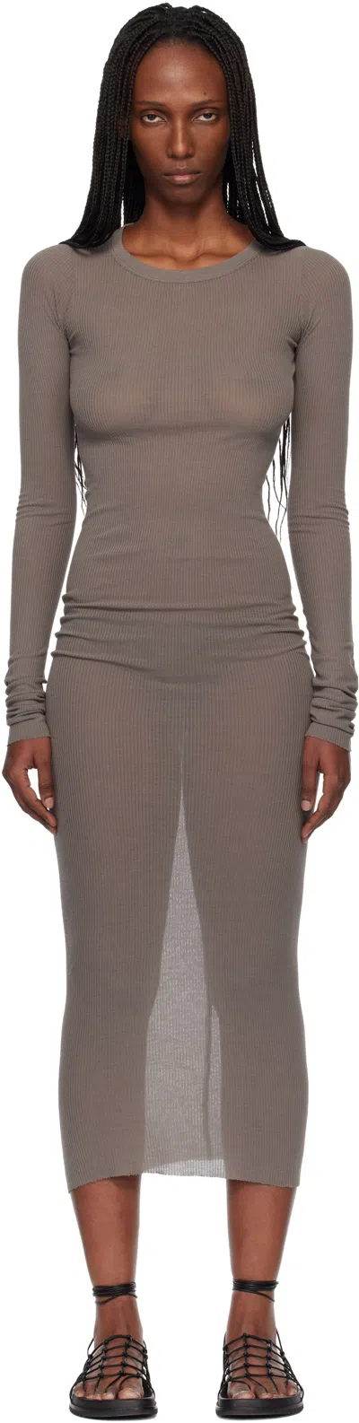 Rick Owens Gray Temple Rib Ls Midi Dress In Neutral