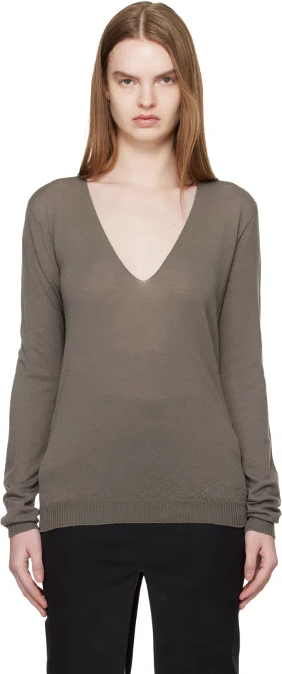 Rick Owens Gray Temple V Neck Pull Sweater In Green
