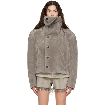 Rick Owens Gray Tower Biker Jumbo Stooges Leather Jacket In 28 Steel
