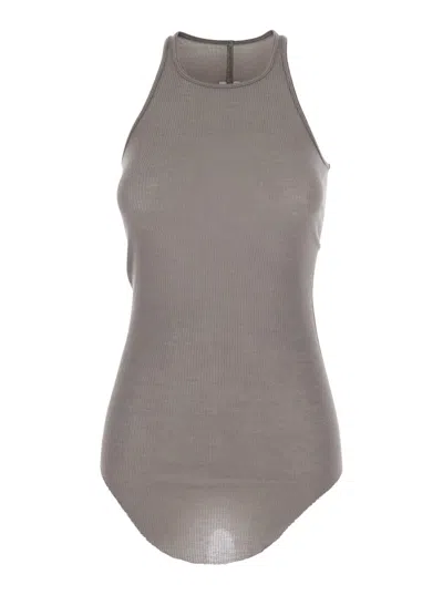 Rick Owens Grey Top With Ribbed Design And U-neck In Viscose And Silk Blend Woman In Brown