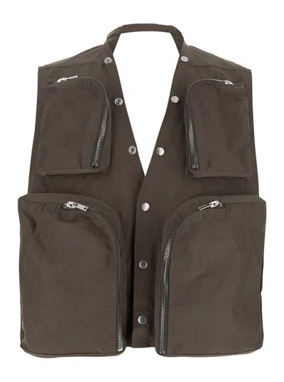 Rick Owens Grey Vest With V-neck And Cargo Pockets In Cotton Man In Brown