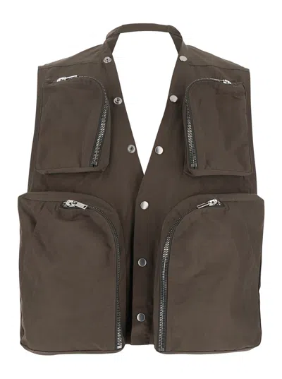 RICK OWENS RICK OWENS GREY VEST WITH V-NECK AND CARGO POCKETS IN COTTON MAN
