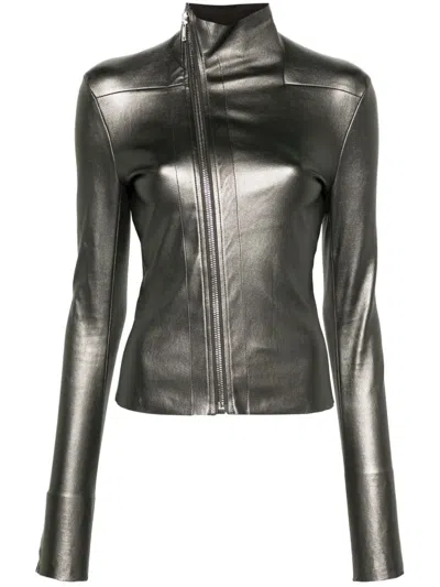 Rick Owens Gunmetal Grey Leather Metallic Biker Jacket For Women In Gray