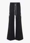 Rick Owens Heizer Belas Wide-leg Cotton-blend Poplin Drawstring Cargo Trousers In Black