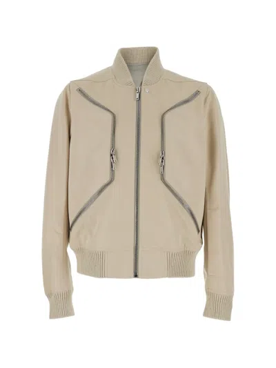 Rick Owens Heizer Flight Beige Bomber Jacket With Two Front Zip Pockets In Cotton Blend Man In Neutral