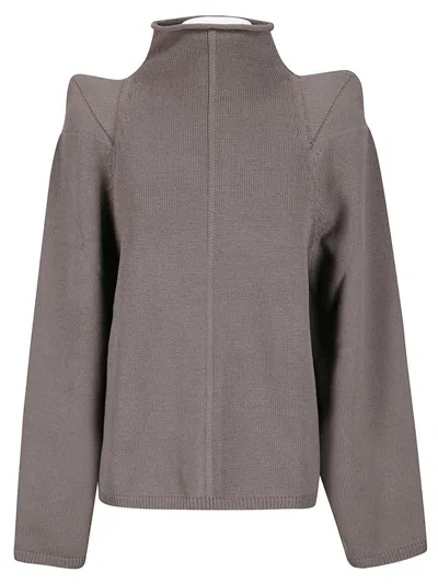 RICK OWENS HIGH-COLLARED THICK KNIT WOOL SWEATER WITH GEOMETRIC SHOULDER DETAILS
