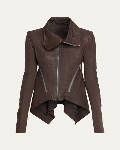 Rick Owens High-neck Leather Zip Peplum Jacket In Brown