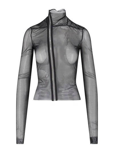 Rick Owens Sheer High Neck Fitted Long Sleeve Jacket In Black