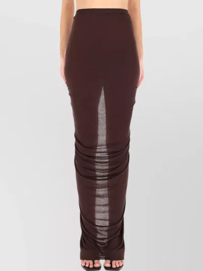 Rick Owens High Slit Bodycon Skirt With Sheer Fabric In Brown