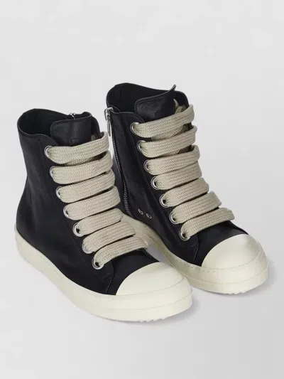Rick Owens High Top Sneakers Leather Cap Rubber Sole In Black