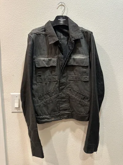 Pre-owned Rick Owens Hog Wash Leather Sleeve Denim Trucker Jacket M In Gray