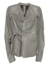 Rick Owens Leather Jacket With Tie Waist And Long Sleeves In Gray