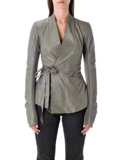 Rick Owens Leather Jacket With Tie Waist And Long Sleeves In Gray