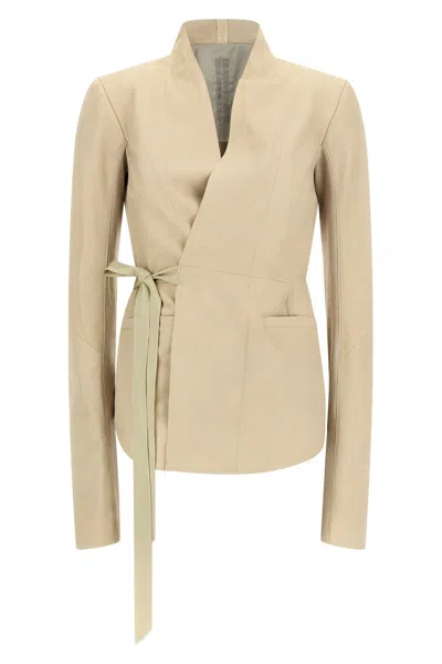 Rick Owens Hollywood V-neck Leather Jacket In White