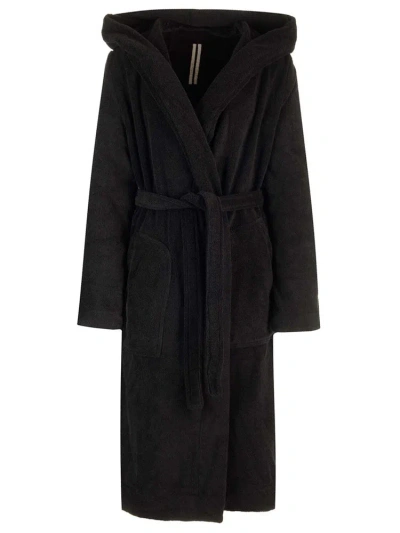 Rick Owens Hooded Belted Bath Dressing Gown In 09 Black