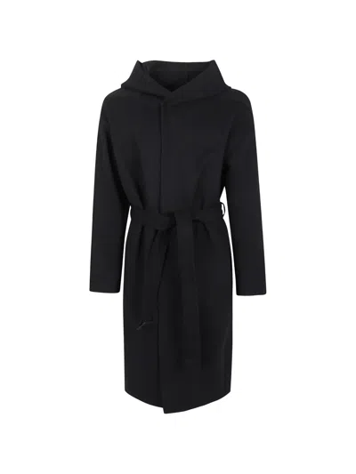 Rick Owens Hooded Belted Coat In Black
