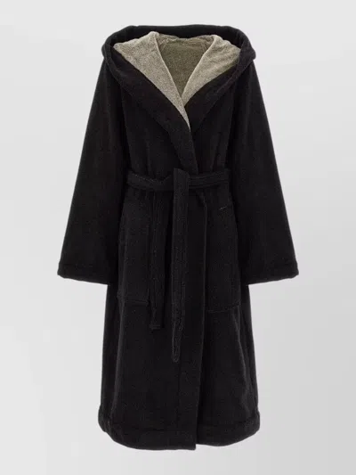 Rick Owens Hooded Cotton Terry Robe Belted Waist In Black