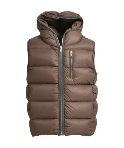 Rick Owens Hooded Down Vest In Brown