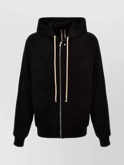 Rick Owens Hooded Drawstring Sweater Ribbed Cuffs In Black