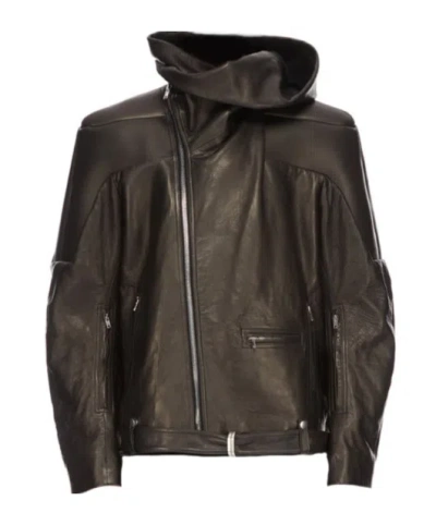 Rick Owens Hooded Leather Jacket In Black