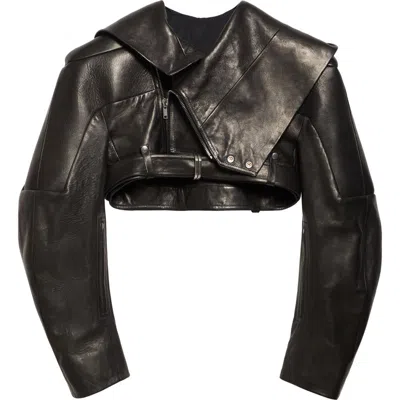 Rick Owens Hooded Leather Micro Moto Jacket In Black