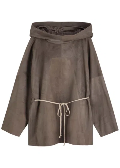 Rick Owens Hooded Leather Tunic In Grey