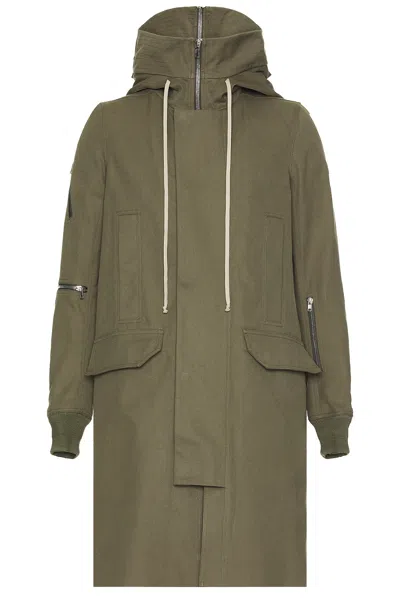 Rick Owens Hooded Long Parka In Olive Drab