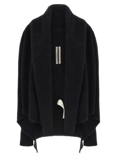 Rick Owens Hooded Medium Wrap Knit Coat In Black