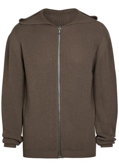 Rick Owens Hooded Zip-through Ribbed-wool Jumper In Brown