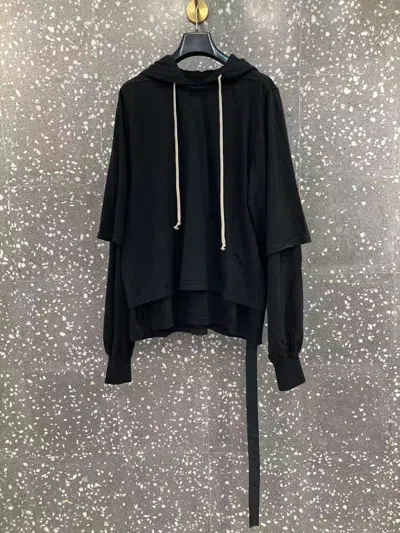 Rick Owens Hustler Double-layer Cotton Hoodie In Black