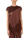 Rick Owens Draped Panel Cap Sleeve Satin Top In Brown