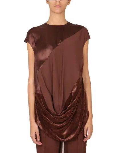 Rick Owens Inhuman Panelled Velvet-satin Top In Brown