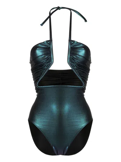 Rick Owens Iridescent-effect Cut-out Swimsuit In Green